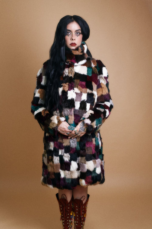 Rare patchwork rabbit fur coat featuring jewel tones and natural fur panels
