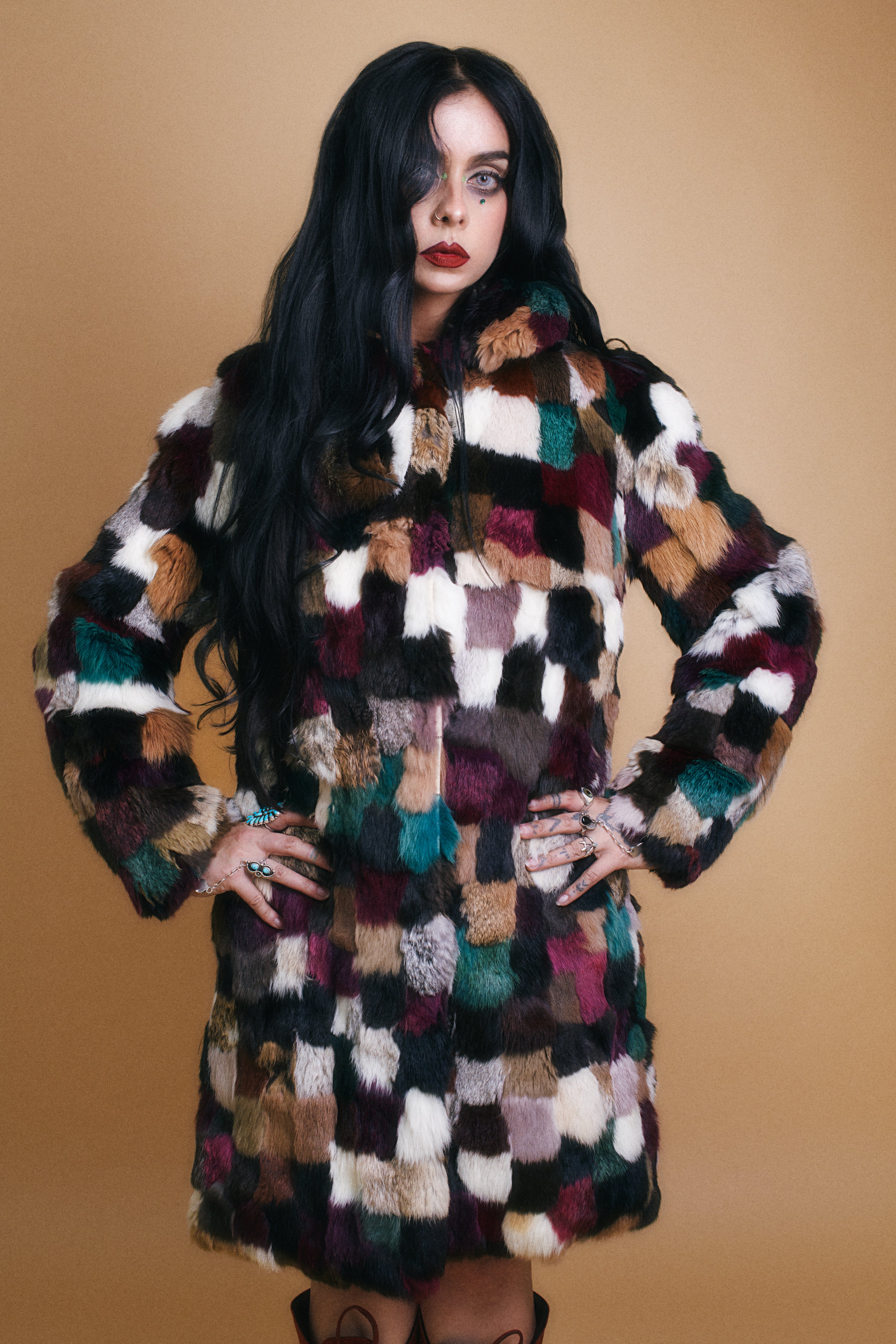 One of a kind vintage rabbit fur coat with colourful patchwork design