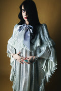 Silver metallic boho maxi dress with ruffle sleeves and lavender bow, vintage inspired women's statement dress