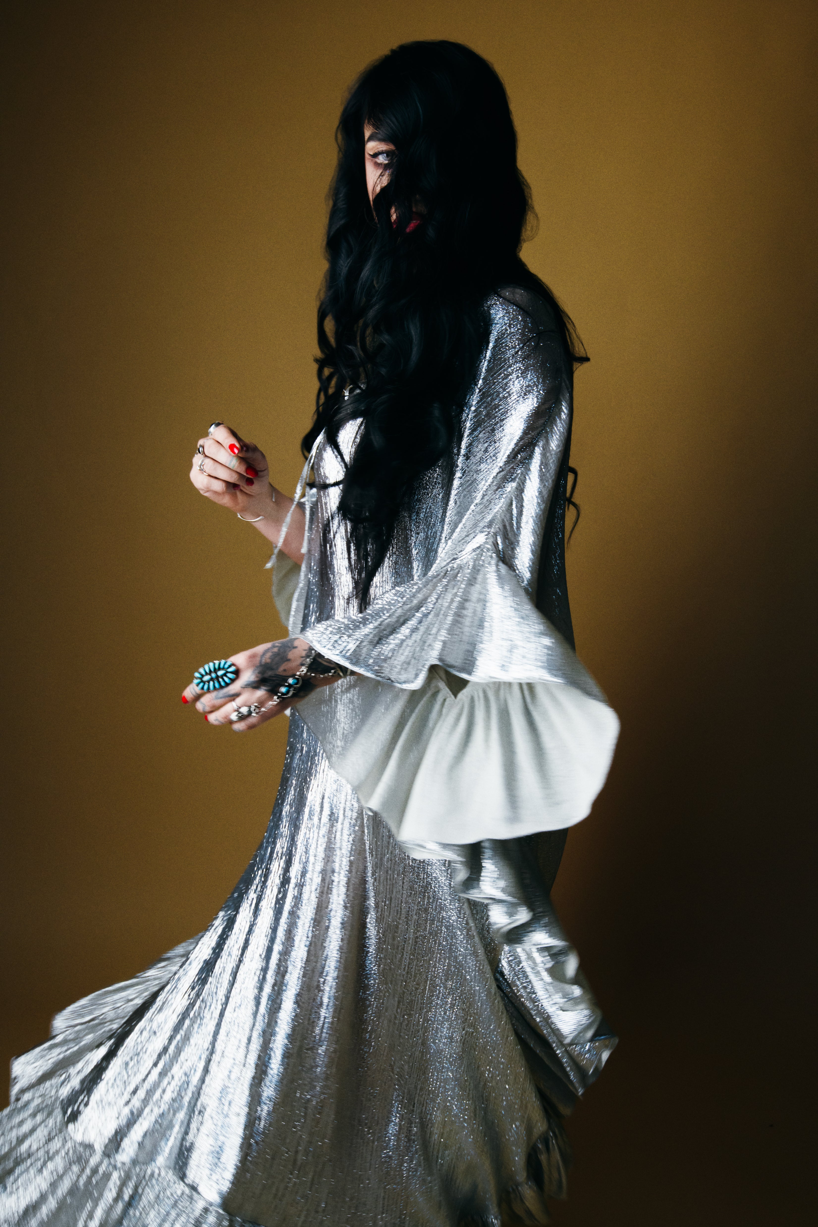 Silver metallic ruffle sleeve dress inspired by The Vampire's Wife, vintage glamour evening gown